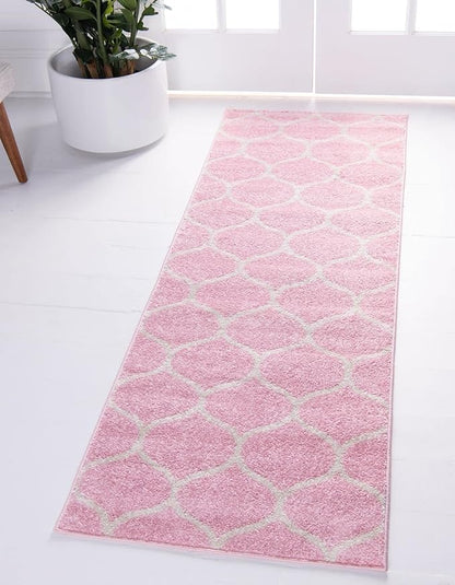 Unique Loom Trellis Frieze Collection Area Rug - Rounded (2' x 10' Runner, Light Pink/ Ivory)