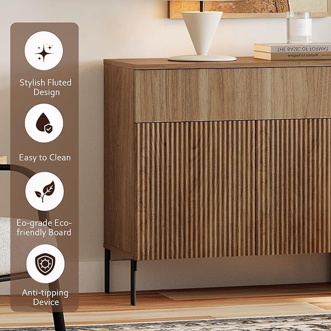 WAMPAT Large Fluted TV Stand TVs up to 120 inch, 126" W Modern TV Entertainment Center with Storage and 4 Drawers & 8 Doors, Wood Media TV Console Table with Storage for Living Room, Light Walnut