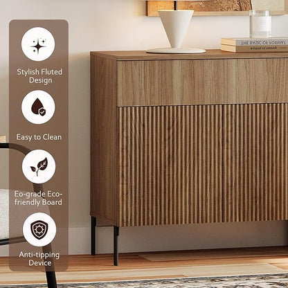 WAMPAT Large Fluted TV Stand TVs up to 120 inch, 126" W Modern TV Entertainment Center with Storage and 4 Drawers & 8 Doors, Wood Media TV Console Table with Storage for Living Room, Light Walnut