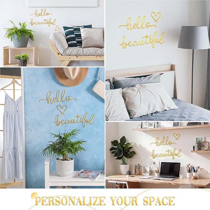 Hicarer Metal Hello Gorgeous Wall Art Minimalist Decor for Bedroom Bathroom Living Room Dressing Room Salon Office Home Decorations Easy to Install Wall Decor(Gold,Lovely Style)