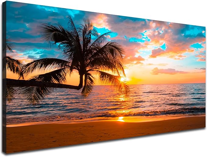 EPHANY Abstract beach canvas wall art Landscape Art - 1 Piece Canvas Wall Art, Beach Canvas Wall Art, Palm Tree On Beach,Sunset On Ocean,ocean beach picture,nature landscape (C-1pcs,20x40inchx1pcs)