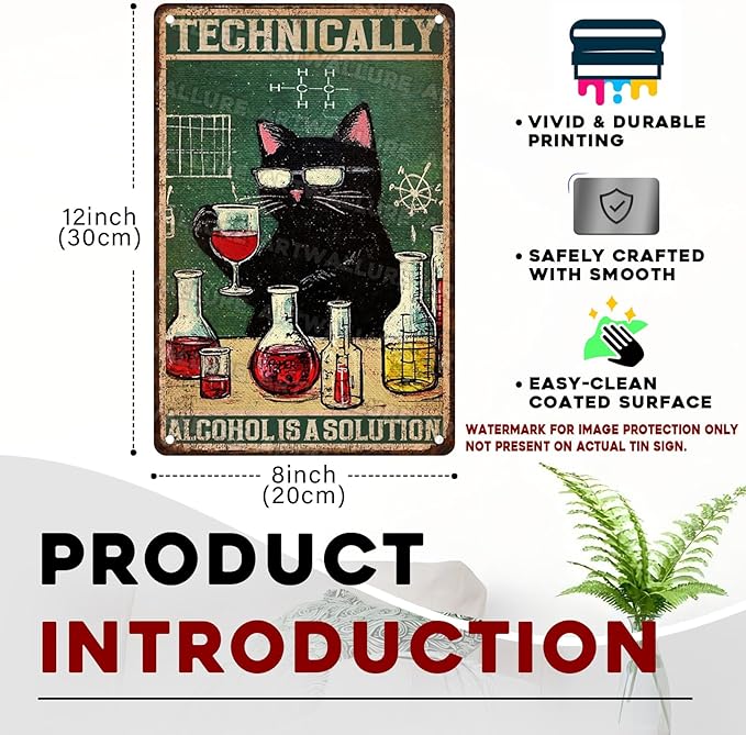 ARTWALLURE Funny Bar Sign “Technically Alcohol is a Solution” Black Cat Vintage Metal Tin Sign for Pub, Tavern, Man Cave & Home Bar Decor 8x12 Inch