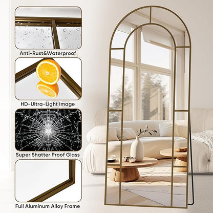 Antok 71" x 28" Full Length Mirror, Floor Mirror Arched Window Decorative Mirror, Metal Framed Decor Farmhouse Floor Mirrors Art Pane Mirrors Wall Decor for Bedroom, Living Room, Entryway Bronze