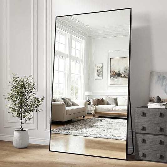 Full Length Mirror, 76"x34" Large Floor Mirror with Stand, Tall Full Body Mirrors for Bedroom, Hanging Mounted for Living Room Cloakroom, Aluminum Alloy Frame, Black