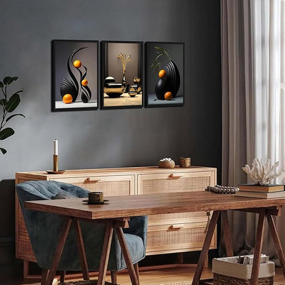 raiqtols Modern Abstract Framed Wall Art for Living Room Set of 3 – Bright Style Orange Still Life Canvas Prints, Smooth Surface Vase Wall Decor with Black Wood Frame for Bedroom Bathroom Office – 12x16in
