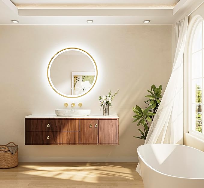 TETOTE Gold Round Led Mirror with Lights 30 Inch Metal Framed Round Circle Lighted Bathroom Vanity Mirror Wall Mounted, Front and Backlit 3 Color Stepless Dimmable Anti Fog, Shatterproof, CRI 90+