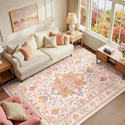 RELEANY Area Rugs 6'x8' Washable Non-Slip, Floral Vintage Distress Print Pattern Medallion Carpet for Living Room Bedroom Dining Room, Light Pink Colorful