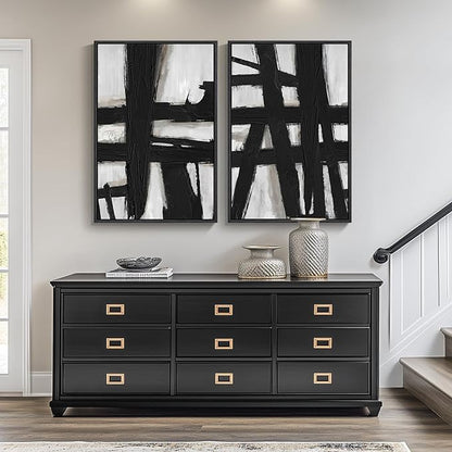 Large Framed Black and White Abstract Wall Art for Living Room, 2 Piece Modern Canvas Prints Wall Paintings Artwork for Walls, Minimalist Black Lines Pictures for Hallway Office Wall Decor 24x36 In