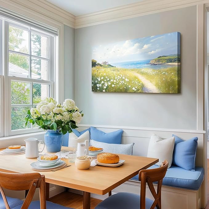 SERIMINO Coastal Landscape Large Wall Art, Country Scenic Canvas Art Wall Decor, Meadow Wildflowers Nature Art Prints, Rustic House Decorations Living Room Bedroom Above Bed Wall Pictures 20"X40"