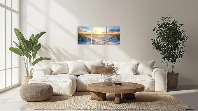 TutuBeer 3 Pcs Beach Pictures Ocean Pictures Wall Decor White Beach with Dunes and Grass Picture Print on Canvas Ocean Seascape Paintings Canvas Art Prints Wall Decor Ready to Hang 12" x 16" x 3