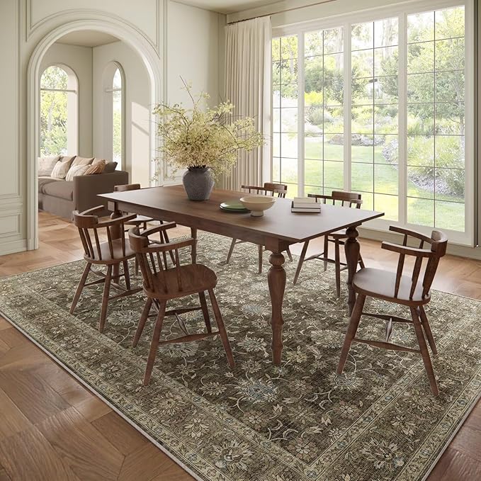 Washable 8x10 Area Rugs for Living Room, Boho Non-Slip Vintage Distress Large Rugs for Bedroom Dining Room Nursery Office, 0.3" Neutral Oriental Throw Thin Carpet, Tan/Flaxen/Multi, E2
