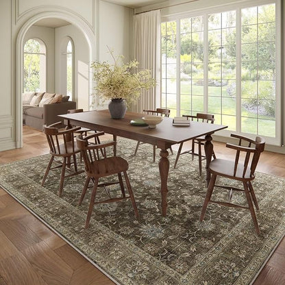 Washable 8x10 Area Rugs for Living Room, Boho Non-Slip Vintage Distress Large Rugs for Bedroom Dining Room Nursery Office, 0.3" Neutral Oriental Throw Thin Carpet, Tan/Flaxen/Multi, E2