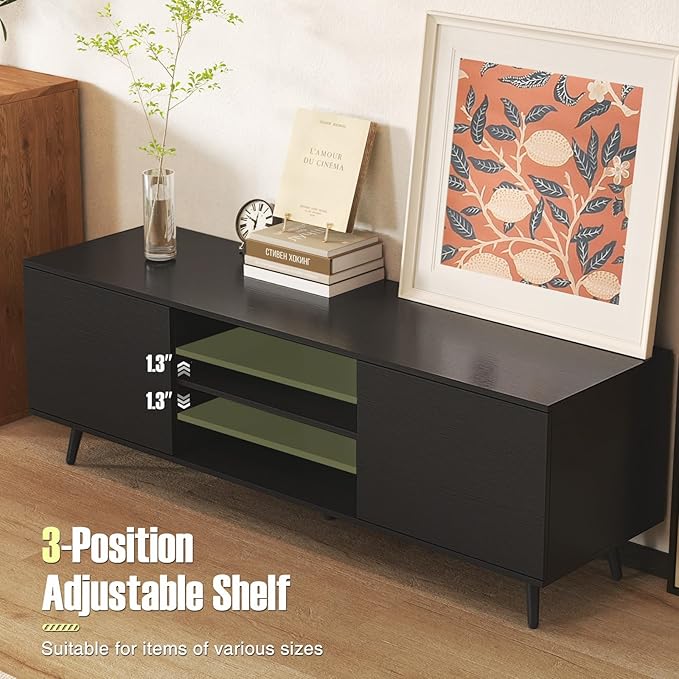 Tangkula TV Stand for 60" TVs, Entertainment Center w/Power Outlets, Mid Century Modern Media TV Console Table w/Adjustable Shelf, 2 Cabinets & Metal Support Legs for Living Room (Black)