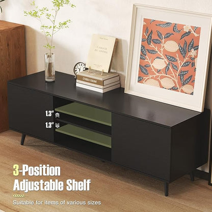 Tangkula TV Stand for 60" TVs, Entertainment Center w/Power Outlets, Mid Century Modern Media TV Console Table w/Adjustable Shelf, 2 Cabinets & Metal Support Legs for Living Room (Black)