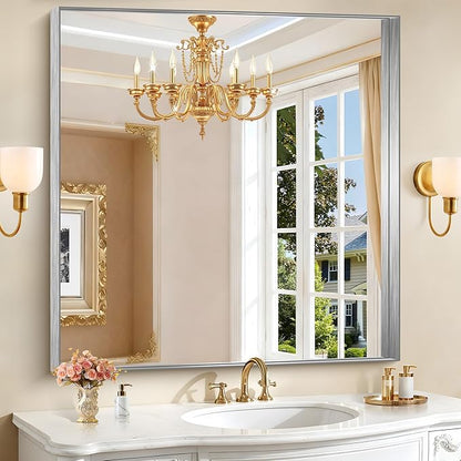 CIRCUMI Silver Bathroom Mirror, 42"x42" Rectangular Mirror with Deep Metal Frame, Brushed Finish, Tempered Glass, Mirror for Wall, Oversink, Bedroom, Installed Vertically/Horizontally, Crystal-Clear