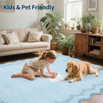 GarveeHome 4x6 Blue Scalloped Washable Area Rug for Girls Bedroom, Solid Floral Soft Nursery Rug Non Slip Low Pile Small Carpet Stain Resistant Throw Rug for Dorm Kids Room Office Dining