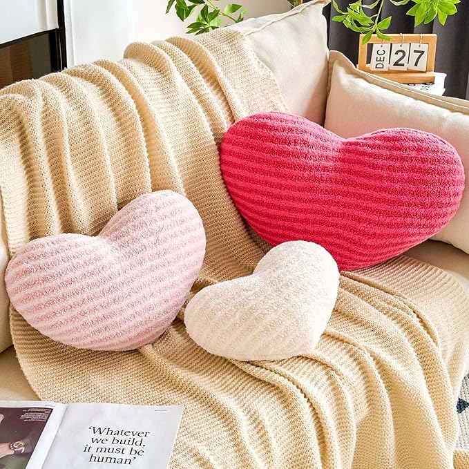 XVTRU Hot Pink Heart Pillows, 15.7" Cute Heart Decorative Pillow, Stripe Heart Shaped Plush Throw Pillows for Bed