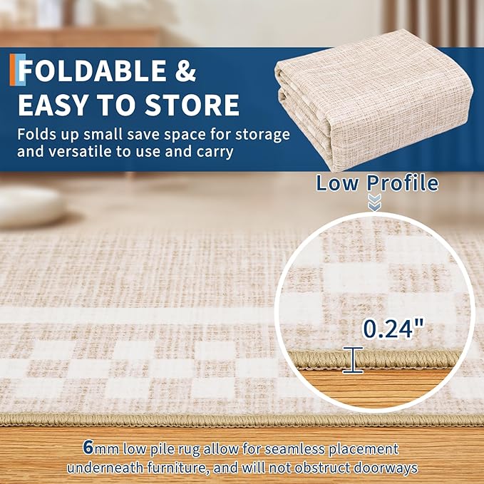 Small Area Rug 2x3 Modern Checkered Entry Rug Solid Color Scalloped Kitchen Rugs Washable Bedroom Doormat Non Slip Stain Resistant Bordered Throw Carpet for Living Room Nursery Laundry, Beige