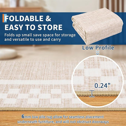 GarveeHome 5x7 Washable Area Rug for Bedroom Living Room Non Slip Modern Bordered Throw Rugs Low Pile Soft Checkered Dining Room Area Rugs Geometric Throw Carpet for Kitchen Nursery Office, Beige