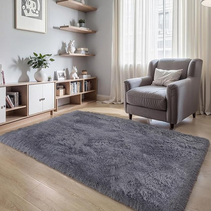 KICHOWUA Thick Area Rug Grey 6x9 Fluffy Shag for Bedroom Living Room, Ultra Soft Plush Fuzzy Washable Thickened Non Slip Floor Large Carpet, Modern Furry Shaggy Rug for Kids Baby Nursery Dorm Room