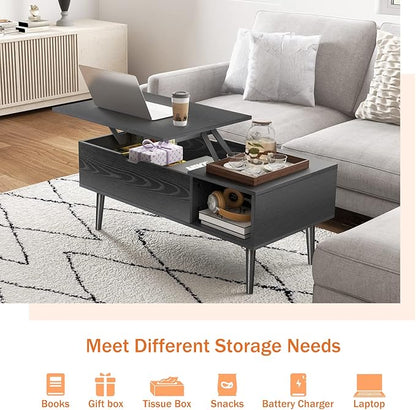 Sweetcrispy Coffee Table Lift Top Coffee Tables for Living Room,Small Rising Wooden Center Tables with Storage Shelf and Hidden Compartment, Black