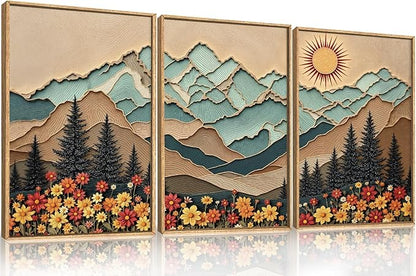 DRACIT Large Boho Wood Grain Mountain Framed Canvas Wall Art Set,Vintage Sunrise Forest Floral Wall Decor,Rustic Natural Wilderness Art Printing for Living Room,Bedroom,Office-16 x24 x3