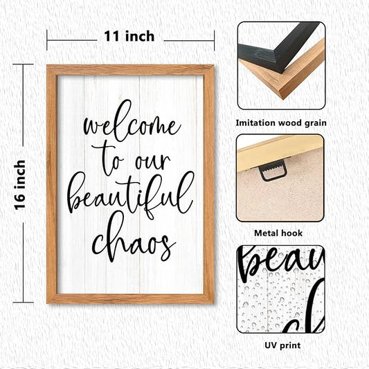 AuraPeak Welcome To Our Beautiful Chaos Sign Home Living Room Wall Decor Modern Family Rustic Farmhouse House Entryway Bedroom Hanging Horizontal Plaque Wall Art (Wood 16"×11")