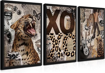 Framed Trendy Leopard Roar Canvas Wall Art Srt of 3, Fashion Stylish Cheetah Prints, Trendy Boots Poster, Aesthetic Fashion Wall Decor for Living Room Bedroom – Black Wooden Frame 12x16in