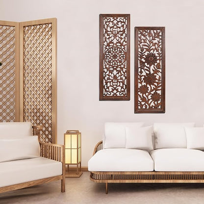 Wooden Designer Wall Hanging Plaques, Wall Plaque Wall Décor Plaques - 36x12 Inch Set of 2 - Burnt, Elegant Sculpture Wall Décor Panel to Enhance the Décor of Your Room or Office