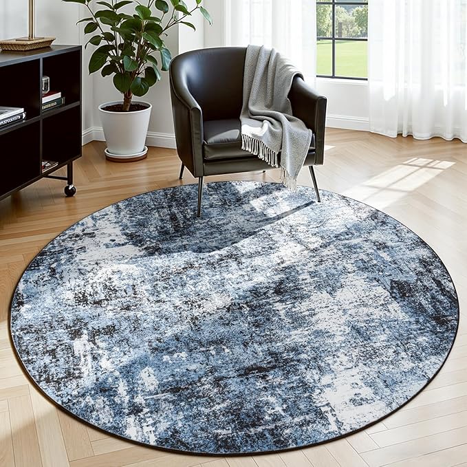 Rugflix Round Area Rugs 4Ft for Living Room, Washable Circle Rug Stain-Resistant Low Pile, Modern Dark Carpet for Bedroom Dining Room Home Office Kid Nursery Room, Navy Blue/Black