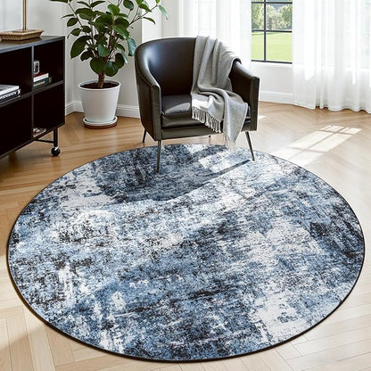 Rugflix Round Area Rugs 4Ft for Living Room, Washable Circle Rug Stain-Resistant Low Pile, Modern Dark Carpet for Bedroom Dining Room Home Office Kid Nursery Room, Navy Blue/Black