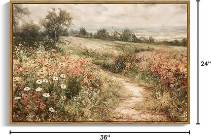 OIQArtOIQ Framed Canvas Wall Art,Vintage Decor,Landscape Nature Country Wildflower Paintings Farmhouse Pictures Modern Artwork Rustic Fall Flower Prints Cottagecore Office Living Room Bedroom Bathroom
