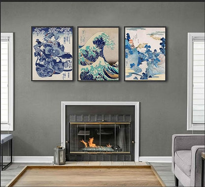 3Pcs Japanese Wall Art Great Wave Hokusai Canvas Pictures Kanagawa Paintings Blue Asian Landscape Posters Prints for Room Office Bathroom Home Wall Decor Gifts for Japan Lovers Unframed