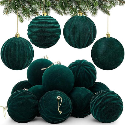 Liliful 12 Pcs Velvet Christmas Ornaments Balls, 4 Inch Flocked Plastic Christmas Tree Ball Shatterproof Hanging Ornaments Decorations for Xmas Tree Vintage Holiday Rustic Home Decor(Dark Green)