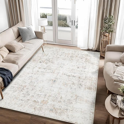 Washable 6×9 Area Rug for Living Room, Vintage Floral Rug Soft Non Slip Stain Resistant Boho Carpet for Indoor Bedroom Dinning Room Home Office Beige