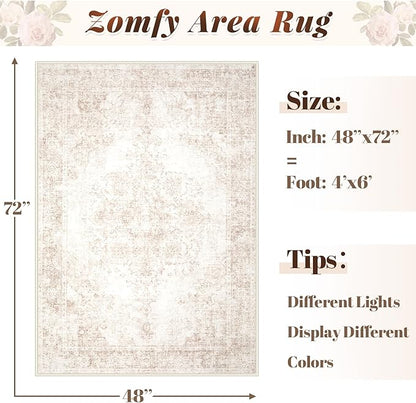 Area Rug 4x6 Vintage Rug: Washable Indoor Medallion Rugs Low Pile Distressed Floor Carpet Retro Accent Rug for Living Room Bedroom Kitchen Dining Table Home Office(Retro Beige, 4'x6')