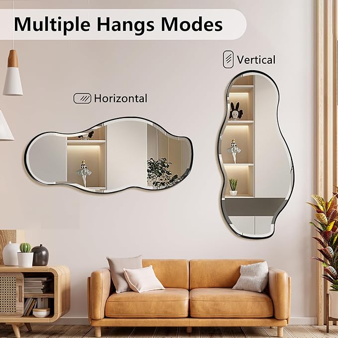 POZINO Large Irregular Mirror, 63"x28.5" Asymmetrical Metal Frame Mirror with Beveled Edge, Premium Organic Wall Mirrors for Living Room Bedroom Hallway Entryway, Horizontal/Vertical Hanging