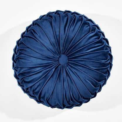 Lush Decor Round Pleated Soft Velvet Decorative Throw Pillow, 1 Count, 15" Diameter, Navy - Blue Plush Round Pillow, Seat Cushion, Decorative Pillows For Bed, Couch, Or Chair