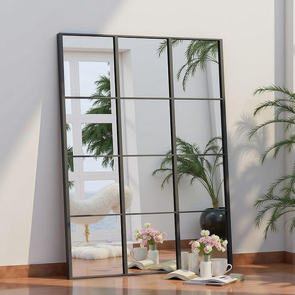 Dewfig Rectangle Window Mirror Wall Mounted, 30"x47"in Window Pane Mirror Wall Decor Metal Framed, Large Black Mirrors for Bedroom Living Room Fireplace Entryway Hanging or Leaning Against Wall,Black