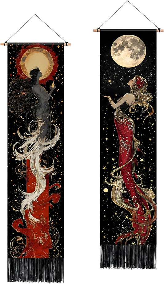 AOHMPT Pack of 2 Long Vertical Tapestry,Nature Landscape Tapestry with Serene Mountain River, Moon & Sun Motifs,Traditional Ink Painting Wall Art , Zen Aesthetic Wall Hanging for Living Room Bedroom Decor 13" W x 51" H"