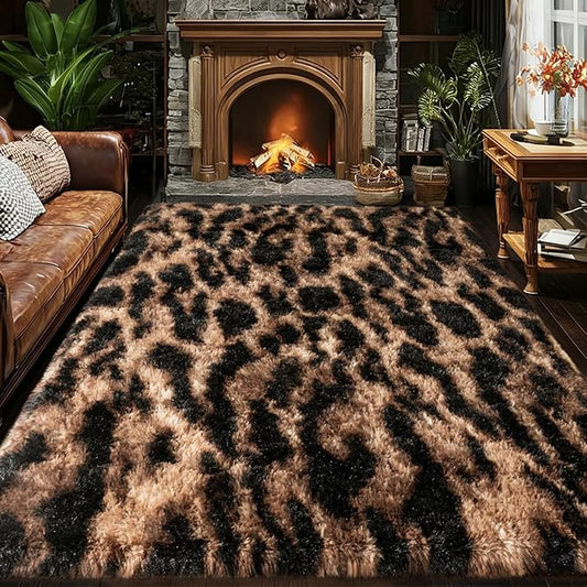 qulint Leopard Rug for Living Room, 5x7 Fluffy Carpet for Bedroom Soft Shaggy Cheetah Rug for Kids Room, Modern Animal Carpet for Dorm Room Nursery Home Decor Aesthetic (5ft x 7ft, Leopard)