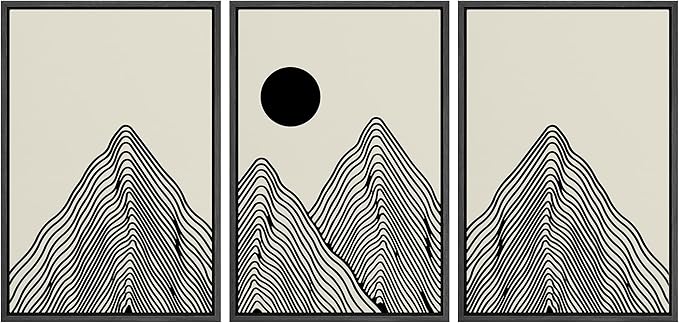 SIGNLEADER Framed Canvas Print Wall Art Set Geometric Mountain Range Sun Landscape Nature Wilderness Illustrations Modern Art Minimalism Decorative for Living Room, Bedroom, Office - 16"x24"x3 BLACK