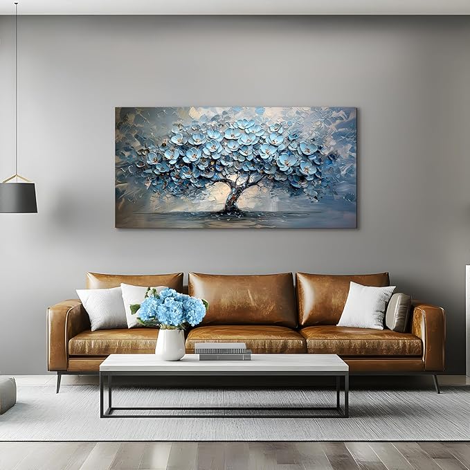 crmotu Tree of Life Large Wall Art for Living Room, Blue Floral Tree Abstract Canvas Prints Aesthetic Pictures, Modern Neutral Wall Decor for Bedroom Bathroom Office, Nature Botanical Decor 24"X48"