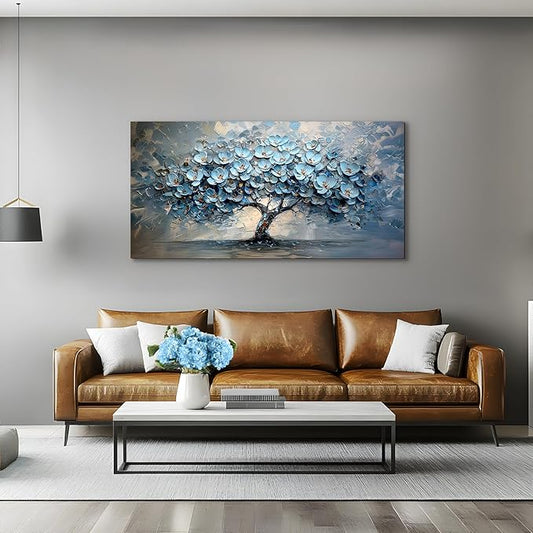 crmotu Tree of Life Large Wall Art for Living Room, Blue Floral Tree Abstract Canvas Prints Aesthetic Pictures, Modern Neutral Wall Decor for Bedroom Bathroom Office, Nature Botanical Decor 24"X48"