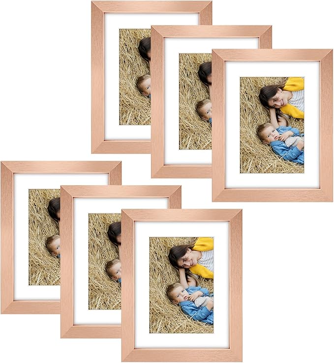Golden State Art, 6x8 Picture Frame Set of 6 - Matted to 4x6 Photo - Engineered Wood Gallery Frame Set - Wall Mounting or Tabletop Display (Rose Gold,6 Pack)