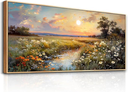 hyidecorart Large Framed Wall Art, Landscape Wall Art, Nature Wall Decor, Wildflowers Scenery Painting Prints, French Country Pictures for Living Room Bedroom Modern Farmhouse Decorations 32x72 In