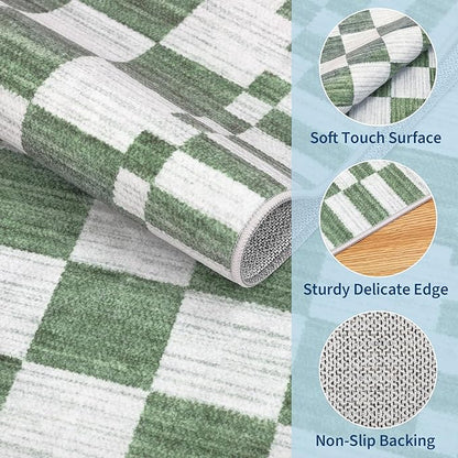 GarveeHome 9×12 Area Rugs for Living Room,Sage Green Checkered Rug, Non-Slip Washable Rugs 8x10,Soft Low-Pile Farmhouse Geometric Modern Rug for Bedroom Dining Room