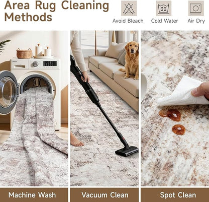 RUUGME 9X12 Abstract Area Rug:Large Washable Living Room Rug Non Slip Low Pile Carpet for Bedroom Soft Foldable Stain Resistant Distressed Thin Rug for Dining Room Kitchen 9X12 Brick/Brown/Beige