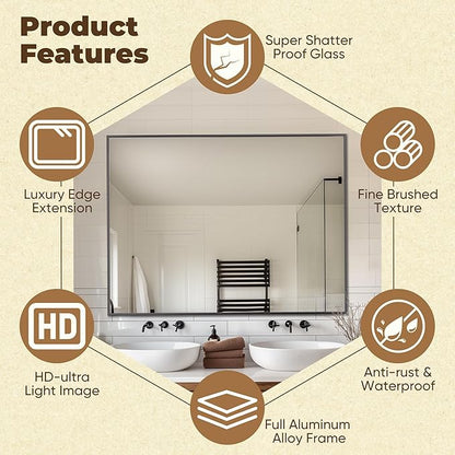 Antok 48x36 Black Metal Framed Bathroom Mirror, Wall Mirror with Round Corners, Vanity Mirror for Over Sink, Anti-Rust Tempered Glass, Horizontal/Vertical Hanging for Bathroom, Living Room, Entryway