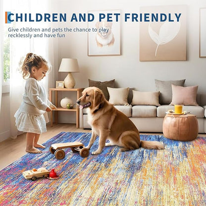 ROYHOME Washable Rug 5x7 Abstract Area Rug for Living Room, Non Slip Foldable Soft Rugs for Bedroom, Stain Resistant Rugs Modern Fuzzy Rug, Indoor Floor Carpet for Entryway Home, Blue/Orange